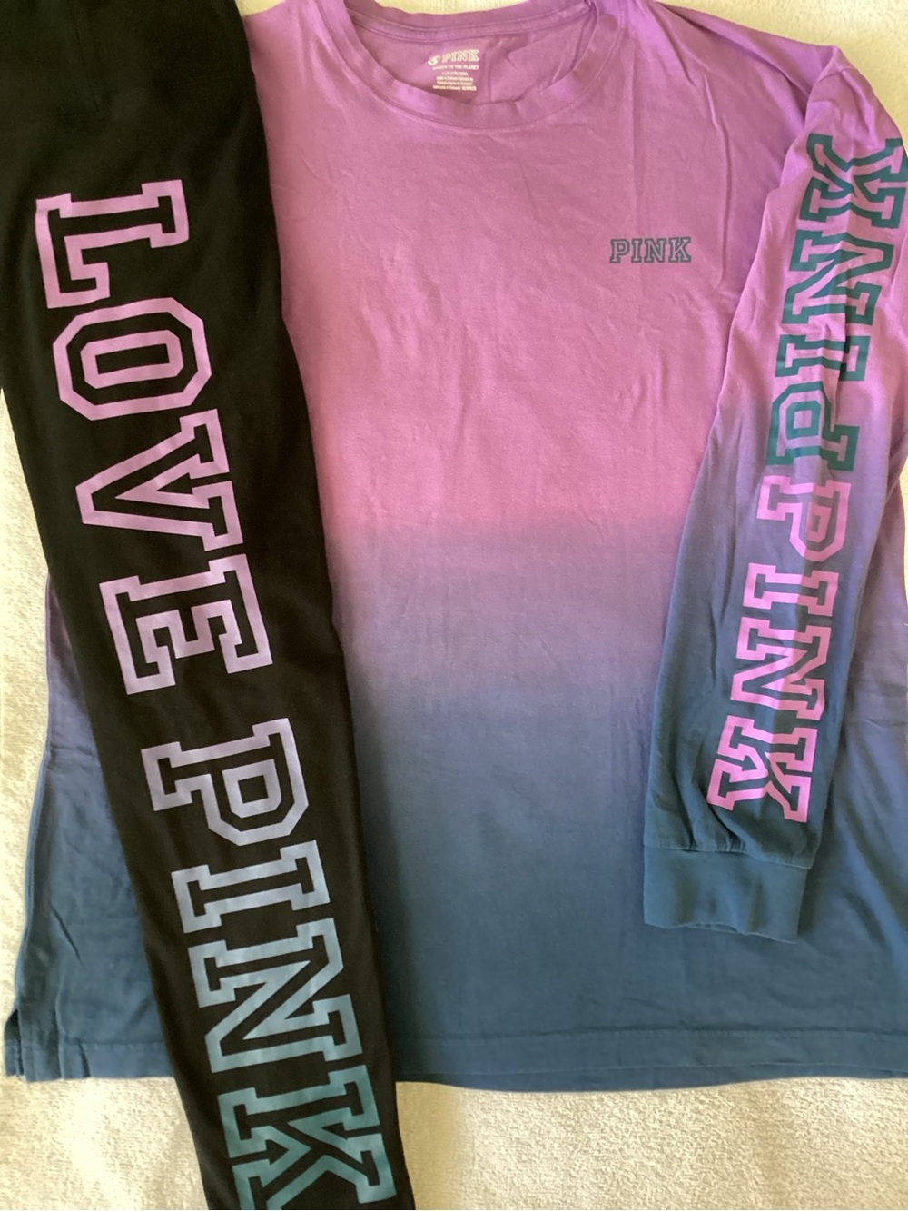 Victoria’s Secret Dip Dye Campus Shirt LOVE PINK Ombré Leggings L NWT
